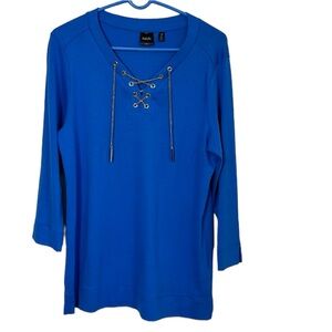 RAFAELLA blue long sleeve blouse with chain accent detail size Large 100% cotton